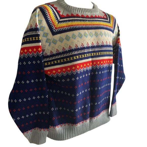 Vtg Charles Wolf Norway Sweater Men's Medium Wool Pullover Blue Red Fair Isle - Picture 2 of 5